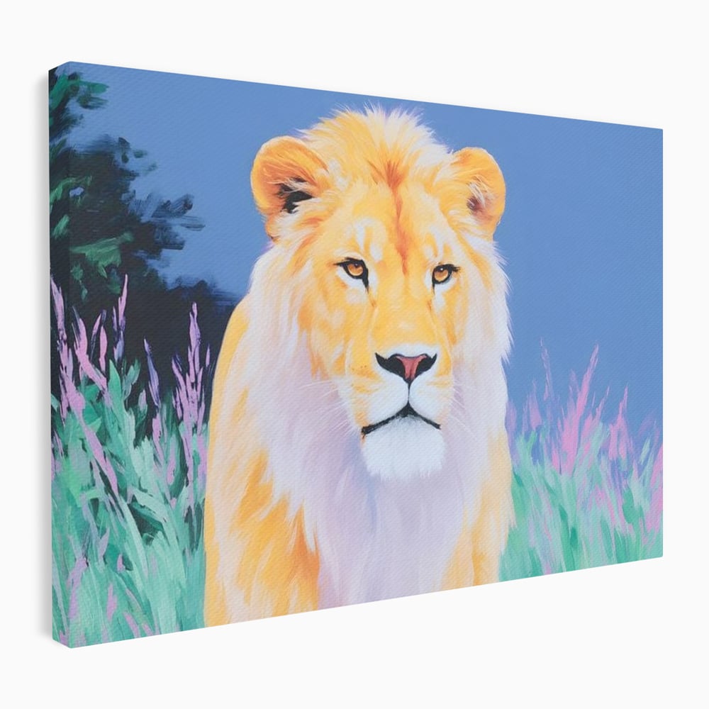 Leinwand Wandkunst Premium, LuxCanva® M1400, Pastell Leinwand Wandkunst, Pastell, Löwe, Tier, Wild, Exotisch, Dschungel, Natur, Natur, Malerei, Vegetation, Gelassenheit, Büro, Wohnen, Kinderzimmer