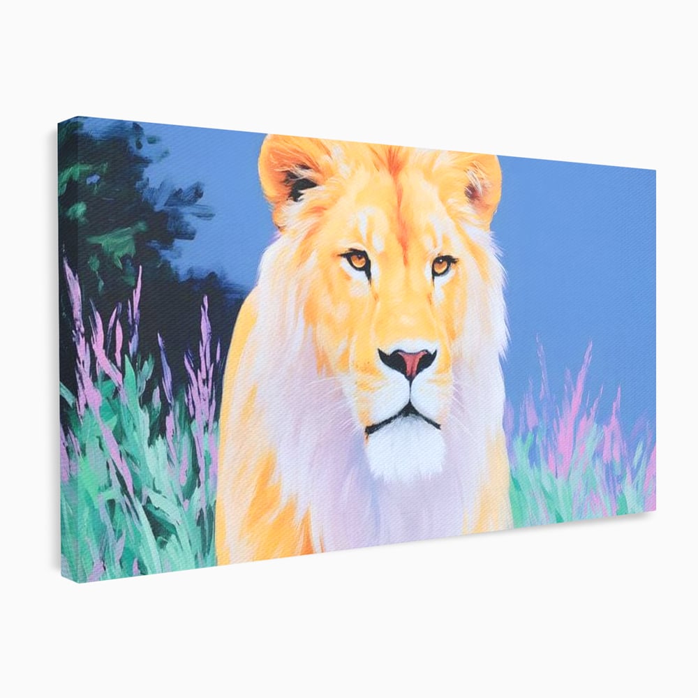 Leinwand Wandkunst Premium, LuxCanva® M1400, Pastell Leinwand Wandkunst, Pastell, Löwe, Tier, Wild, Exotisch, Dschungel, Natur, Natur, Malerei, Vegetation, Gelassenheit, Büro, Wohnen, Kinderzimmer