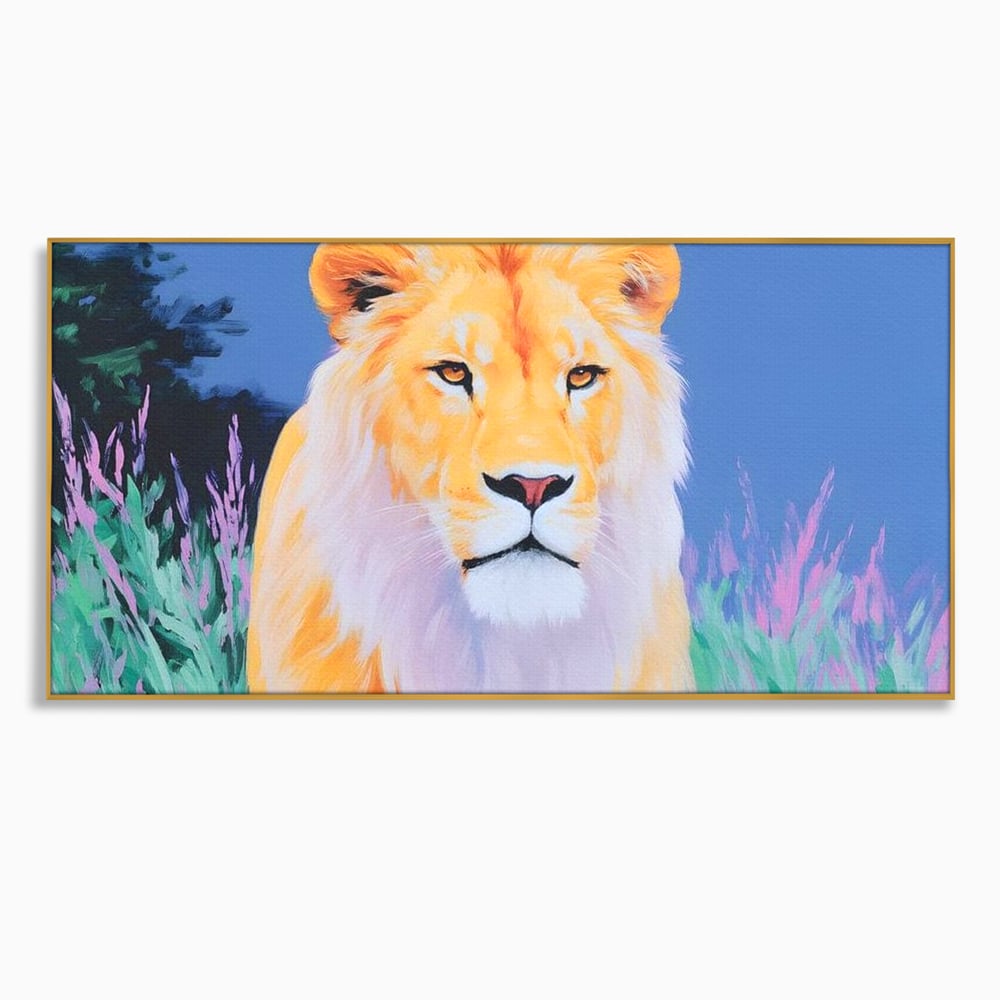 Leinwand Wandkunst Premium, LuxCanva® M1400, Pastell Leinwand Wandkunst, Pastell, Löwe, Tier, Wild, Exotisch, Dschungel, Natur, Natur, Malerei, Vegetation, Gelassenheit, Büro, Wohnen, Kinderzimmer
