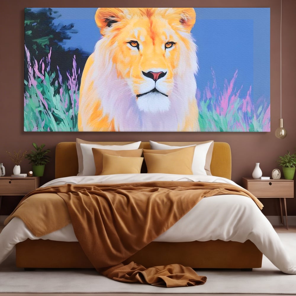 Leinwand Wandkunst Premium, LuxCanva® M1400, Pastell Leinwand Wandkunst, Pastell, Löwe, Tier, Wild, Exotisch, Dschungel, Natur, Natur, Malerei, Vegetation, Gelassenheit, Büro, Wohnen, Kinderzimmer
