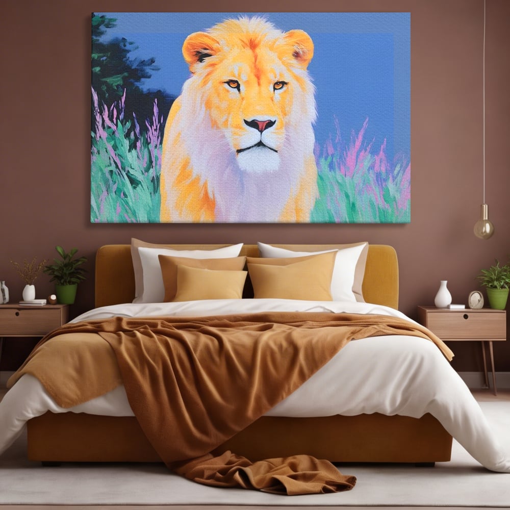 Leinwand Wandkunst Premium, LuxCanva® M1400, Pastell Leinwand Wandkunst, Pastell, Löwe, Tier, Wild, Exotisch, Dschungel, Natur, Natur, Malerei, Vegetation, Gelassenheit, Büro, Wohnen, Kinderzimmer