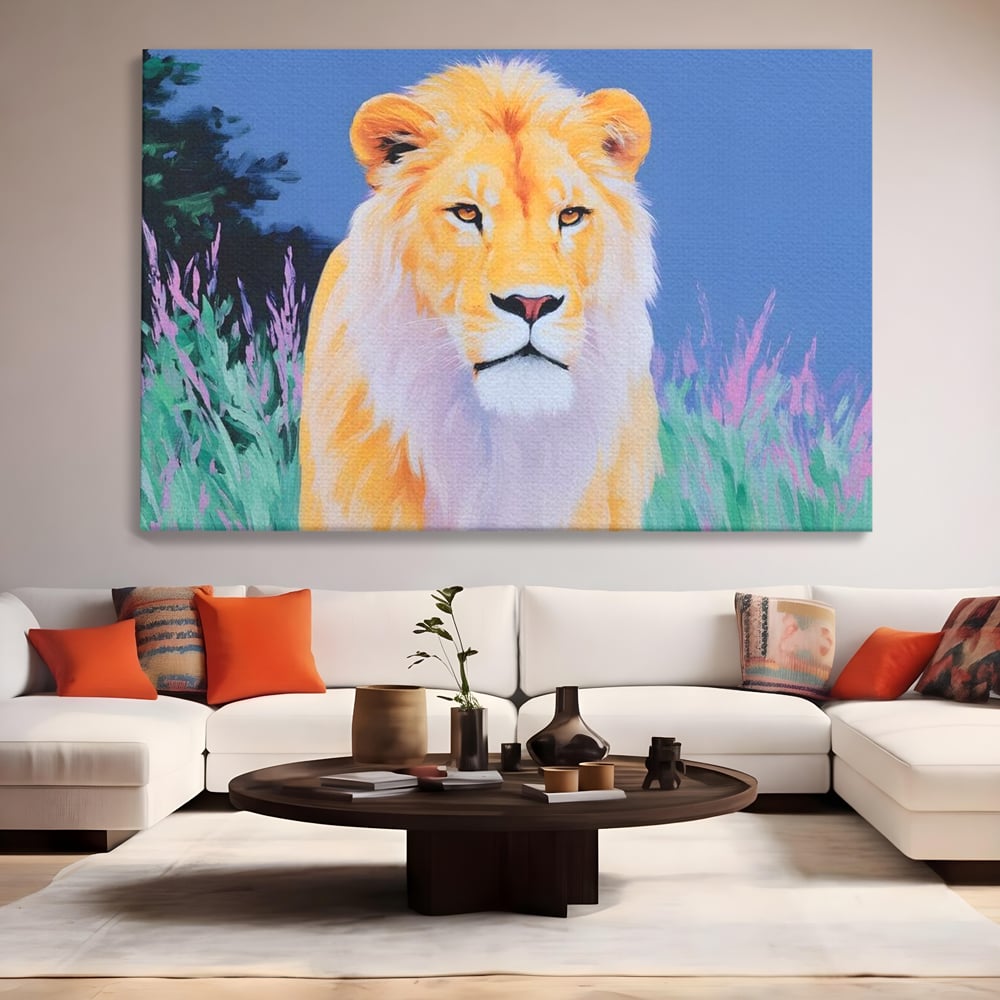 Leinwand Wandkunst Premium, LuxCanva® M1400, Pastell Leinwand Wandkunst, Pastell, Löwe, Tier, Wild, Exotisch, Dschungel, Natur, Natur, Malerei, Vegetation, Gelassenheit, Büro, Wohnen, Kinderzimmer