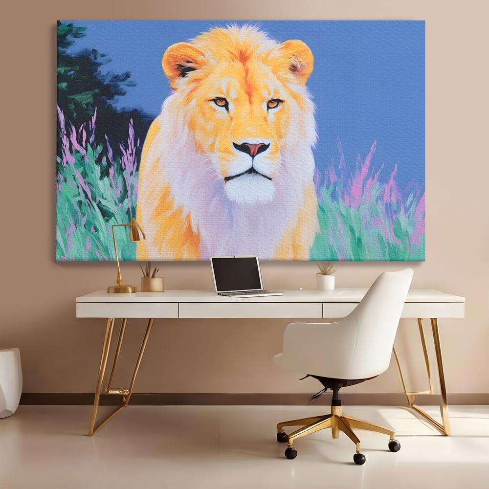 Leinwand Wandkunst Premium, LuxCanva® M1400, Pastell Leinwand Wandkunst, Pastell, Löwe, Tier, Wild, Exotisch, Dschungel, Natur, Natur, Malerei, Vegetation, Gelassenheit, Büro, Wohnen, Kinderzimmer