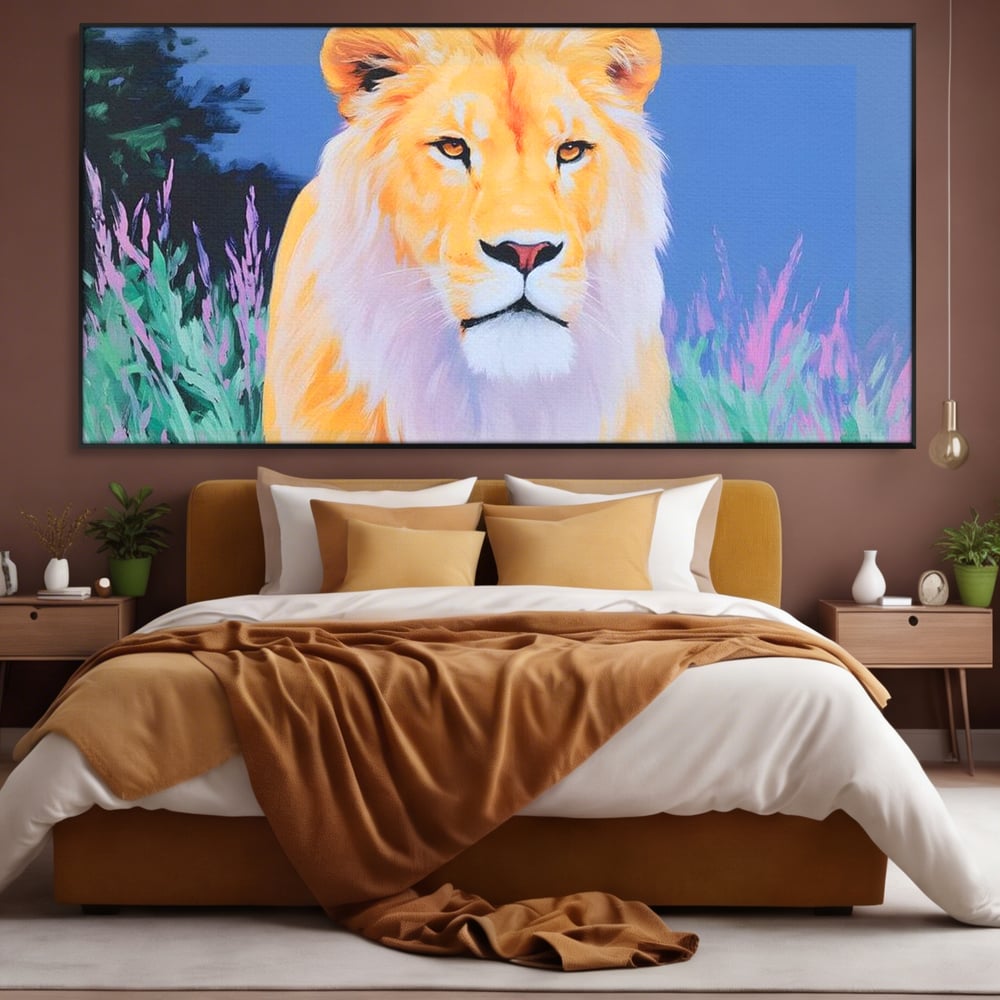 Leinwand Wandkunst Premium, LuxCanva® M1400, Pastell Leinwand Wandkunst, Pastell, Löwe, Tier, Wild, Exotisch, Dschungel, Natur, Natur, Malerei, Vegetation, Gelassenheit, Büro, Wohnen, Kinderzimmer