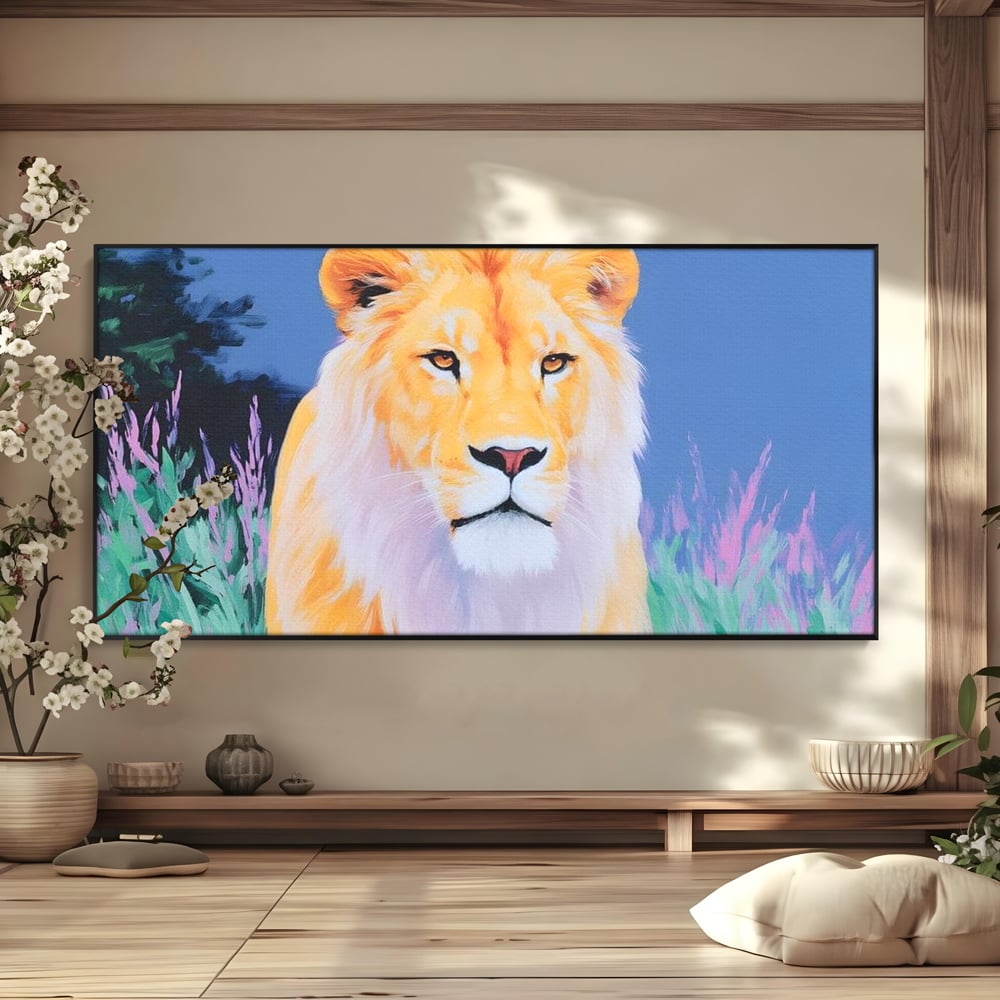 Leinwand Wandkunst Premium, LuxCanva® M1400, Pastell Leinwand Wandkunst, Pastell, Löwe, Tier, Wild, Exotisch, Dschungel, Natur, Natur, Malerei, Vegetation, Gelassenheit, Büro, Wohnen, Kinderzimmer