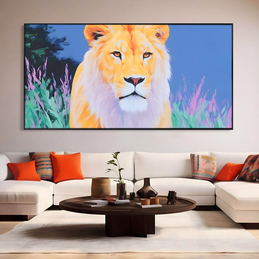Leinwand Wandkunst Premium, LuxCanva® M1400, Pastell Leinwand Wandkunst, Pastell, Löwe, Tier, Wild, Exotisch, Dschungel, Natur, Natur, Malerei, Vegetation, Gelassenheit, Büro, Wohnen, Kinderzimmer