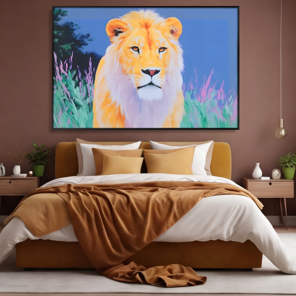 Leinwand Wandkunst Premium, LuxCanva® M1400, Pastell Leinwand Wandkunst, Pastell, Löwe, Tier, Wild, Exotisch, Dschungel, Natur, Natur, Malerei, Vegetation, Gelassenheit, Büro, Wohnen, Kinderzimmer