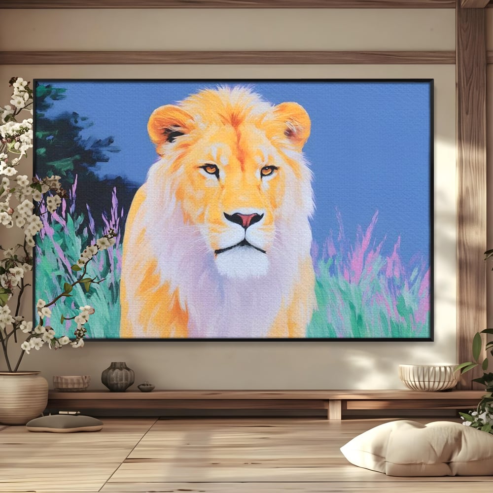 Leinwand Wandkunst Premium, LuxCanva® M1400, Pastell Leinwand Wandkunst, Pastell, Löwe, Tier, Wild, Exotisch, Dschungel, Natur, Natur, Malerei, Vegetation, Gelassenheit, Büro, Wohnen, Kinderzimmer