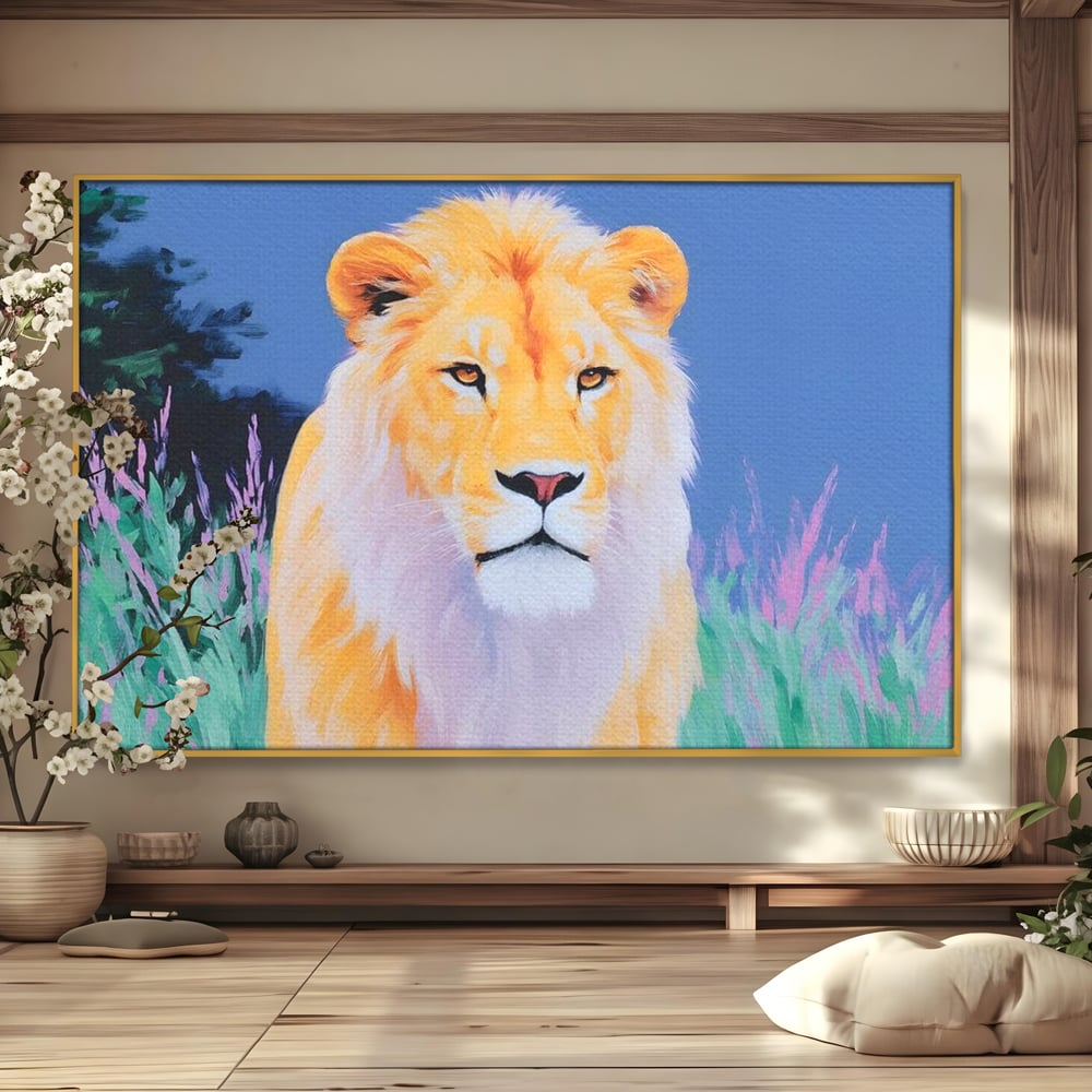 Leinwand Wandkunst Premium, LuxCanva® M1400, Pastell Leinwand Wandkunst, Pastell, Löwe, Tier, Wild, Exotisch, Dschungel, Natur, Natur, Malerei, Vegetation, Gelassenheit, Büro, Wohnen, Kinderzimmer