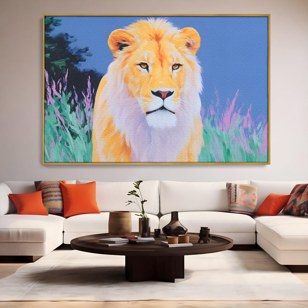 Leinwand Wandkunst Premium, LuxCanva® M1400, Pastell Leinwand Wandkunst, Pastell, Löwe, Tier, Wild, Exotisch, Dschungel, Natur, Natur, Malerei, Vegetation, Gelassenheit, Büro, Wohnen, Kinderzimmer