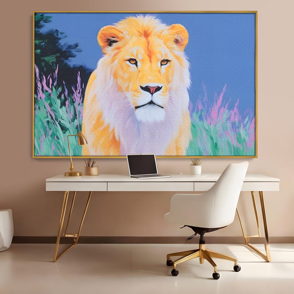 Leinwand Wandkunst Premium, LuxCanva® M1400, Pastell Leinwand Wandkunst, Pastell, Löwe, Tier, Wild, Exotisch, Dschungel, Natur, Natur, Malerei, Vegetation, Gelassenheit, Büro, Wohnen, Kinderzimmer