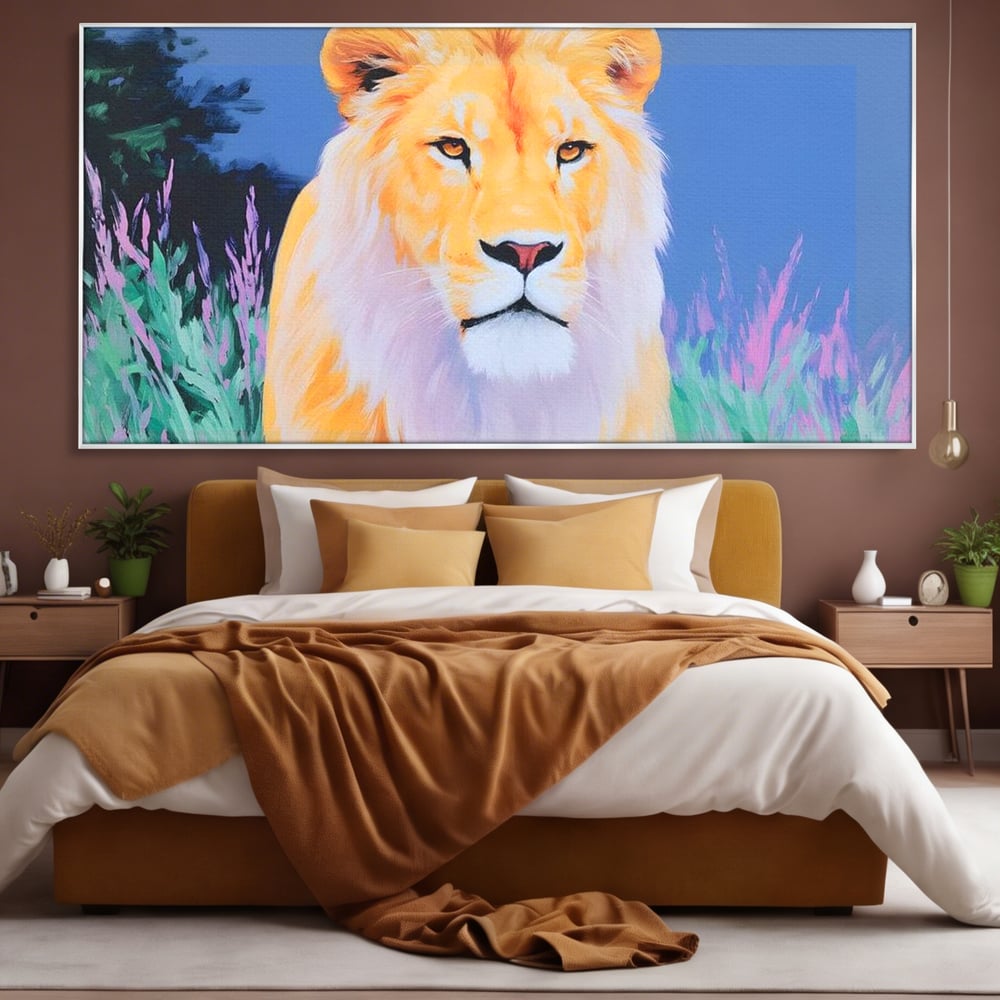 Leinwand Wandkunst Premium, LuxCanva® M1400, Pastell Leinwand Wandkunst, Pastell, Löwe, Tier, Wild, Exotisch, Dschungel, Natur, Natur, Malerei, Vegetation, Gelassenheit, Büro, Wohnen, Kinderzimmer