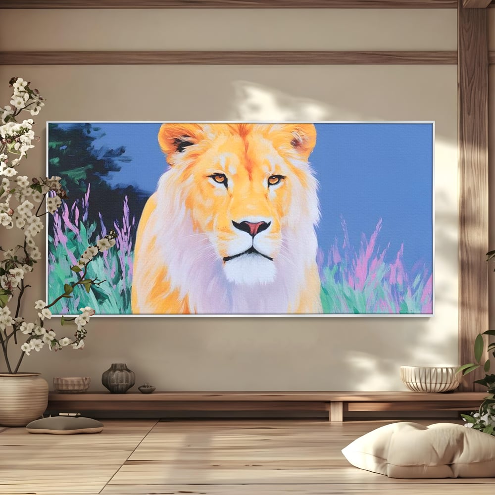 Leinwand Wandkunst Premium, LuxCanva® M1400, Pastell Leinwand Wandkunst, Pastell, Löwe, Tier, Wild, Exotisch, Dschungel, Natur, Natur, Malerei, Vegetation, Gelassenheit, Büro, Wohnen, Kinderzimmer