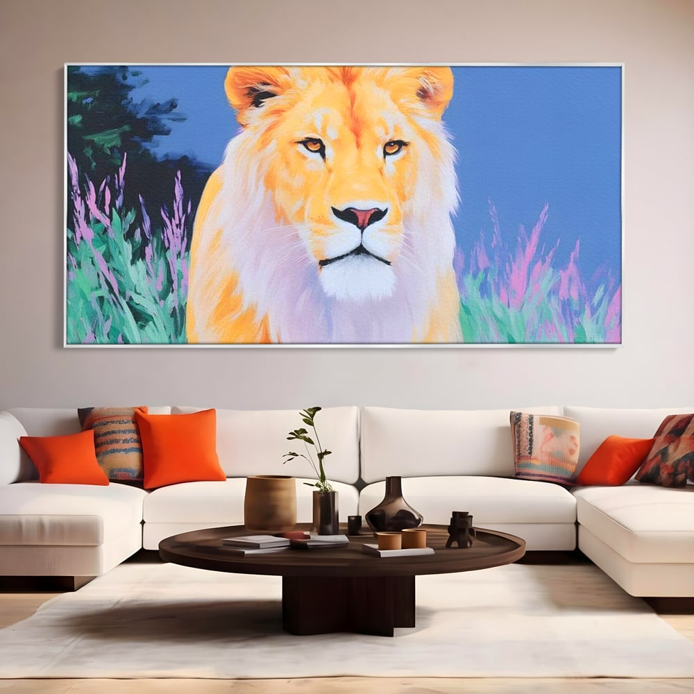 Leinwand Wandkunst Premium, LuxCanva® M1400, Pastell Leinwand Wandkunst, Pastell, Löwe, Tier, Wild, Exotisch, Dschungel, Natur, Natur, Malerei, Vegetation, Gelassenheit, Büro, Wohnen, Kinderzimmer