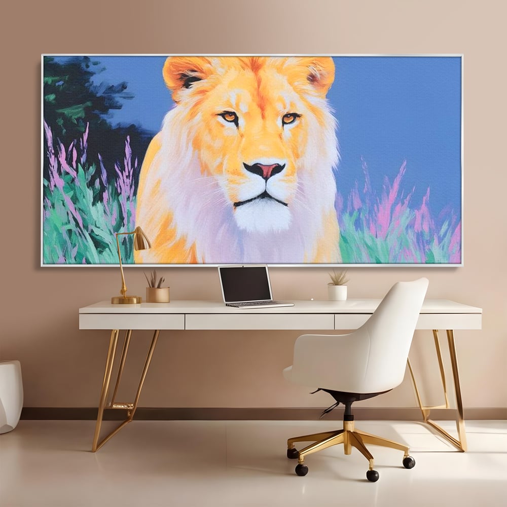 Leinwand Wandkunst Premium, LuxCanva® M1400, Pastell Leinwand Wandkunst, Pastell, Löwe, Tier, Wild, Exotisch, Dschungel, Natur, Natur, Malerei, Vegetation, Gelassenheit, Büro, Wohnen, Kinderzimmer