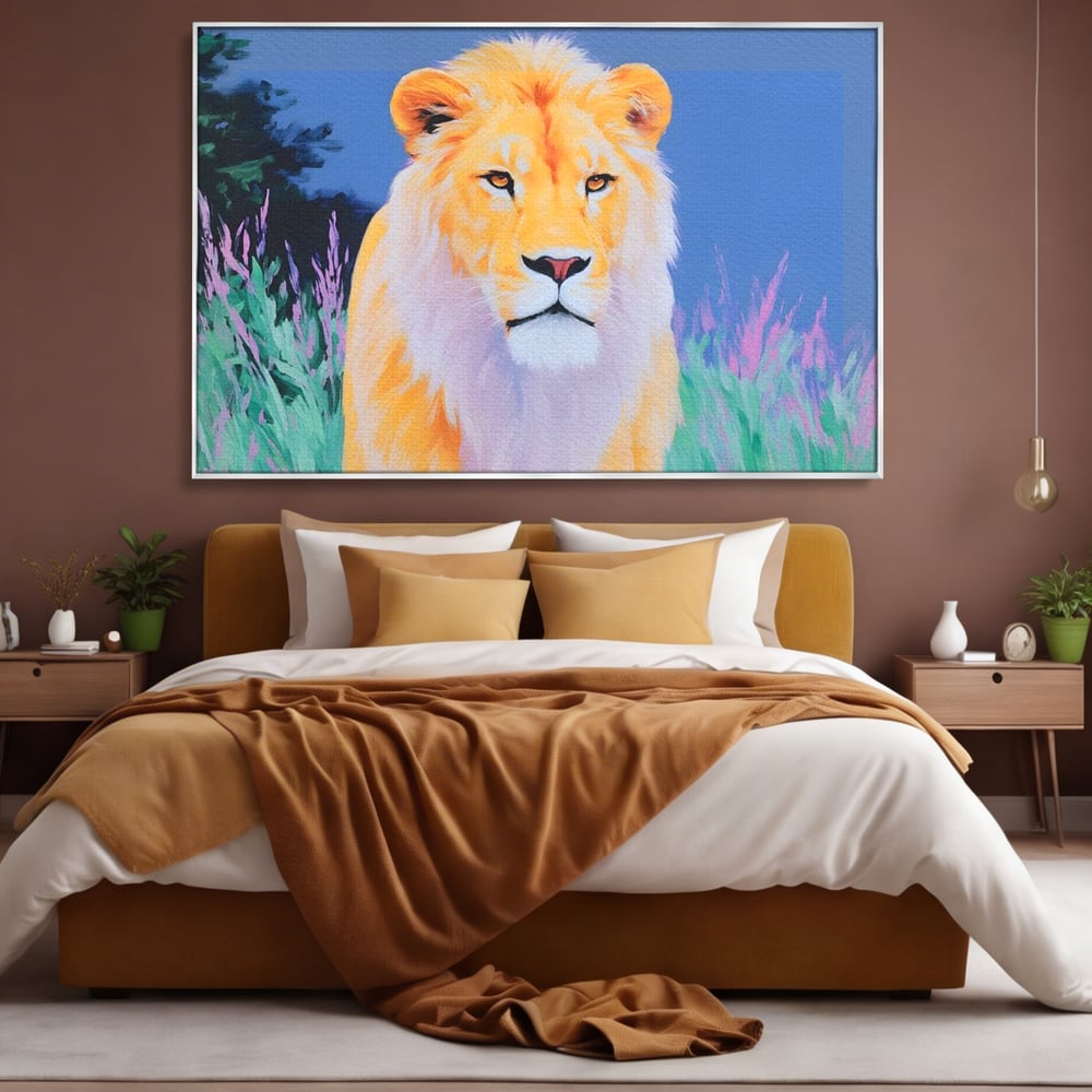 Leinwand Wandkunst Premium, LuxCanva® M1400, Pastell Leinwand Wandkunst, Pastell, Löwe, Tier, Wild, Exotisch, Dschungel, Natur, Natur, Malerei, Vegetation, Gelassenheit, Büro, Wohnen, Kinderzimmer