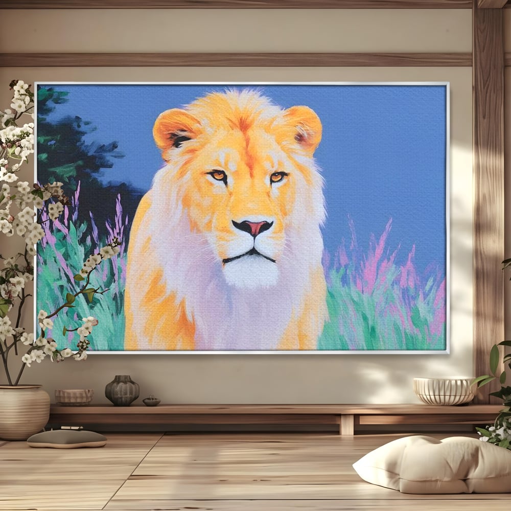 Leinwand Wandkunst Premium, LuxCanva® M1400, Pastell Leinwand Wandkunst, Pastell, Löwe, Tier, Wild, Exotisch, Dschungel, Natur, Natur, Malerei, Vegetation, Gelassenheit, Büro, Wohnen, Kinderzimmer