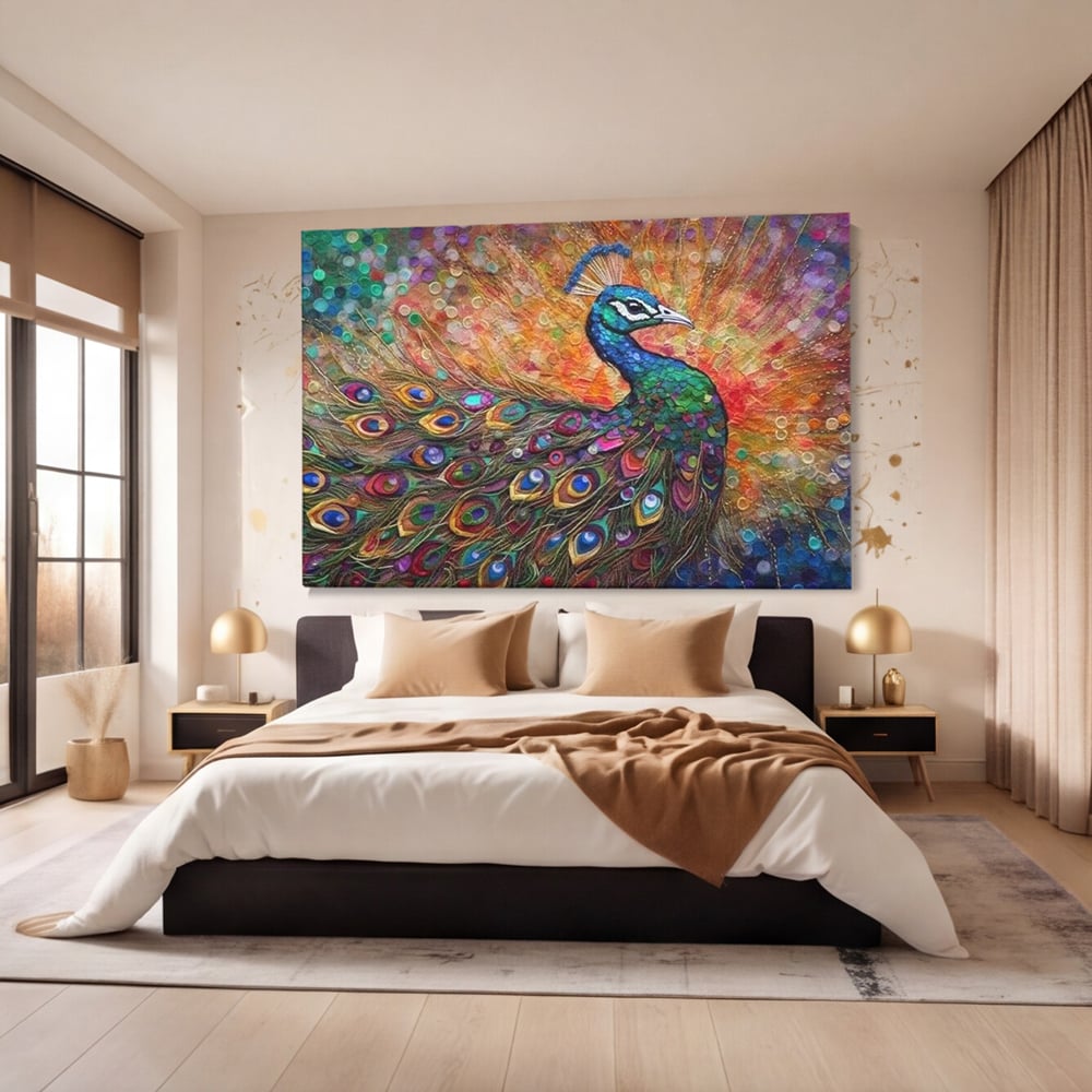 Leinwandbilder Premium, LuxCanva® M1401, Waltz of Colours, Pfau, Vogel, Vogel, Schwanz, Federn, Exotisch, Elegant, Abstrakt, Multicolor, Pracht, Büro, Wohnen, Kinderzimmer