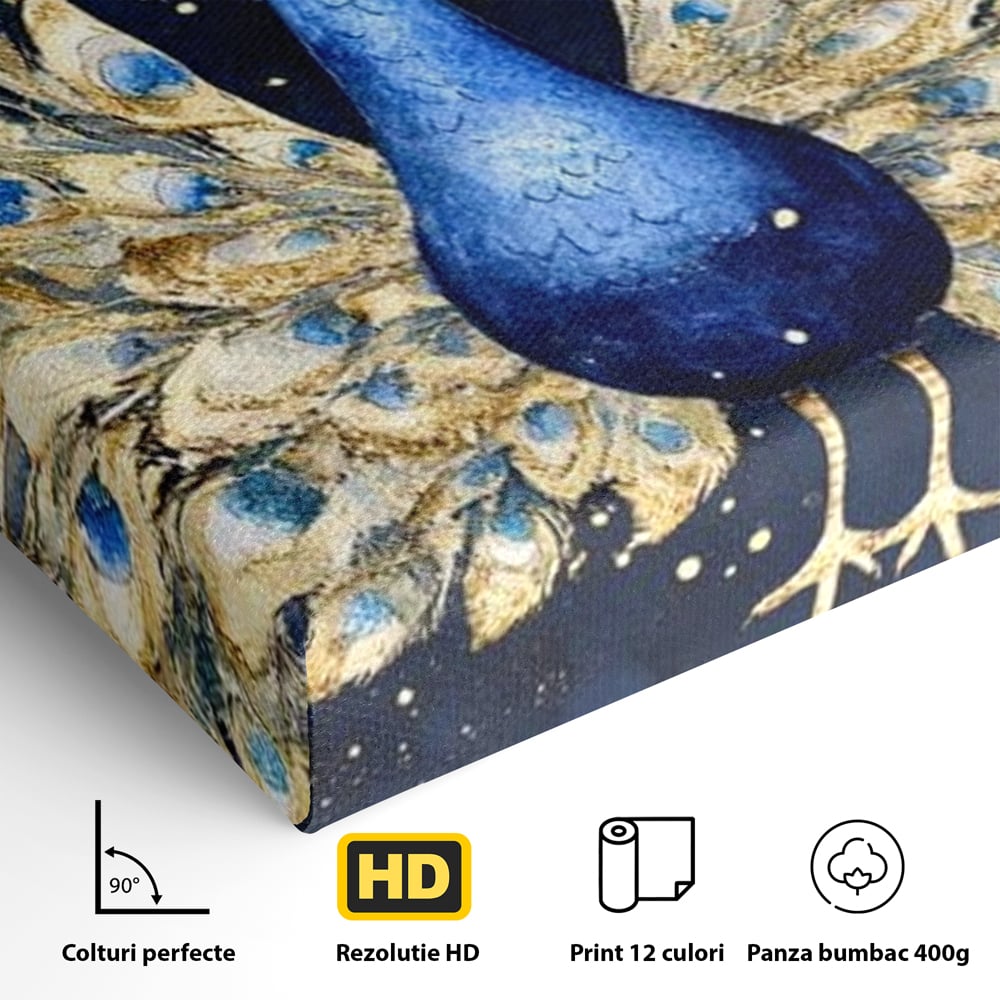 Tablou Canvas Premium, LuxCanva® M1403, Cantecul Noptii, Nocturn, Stele, Cosmic, Exotic, Splendoare, Frumusete, Pasare, Paun, Pene, Auriu, Birou, Living, Camera Copil