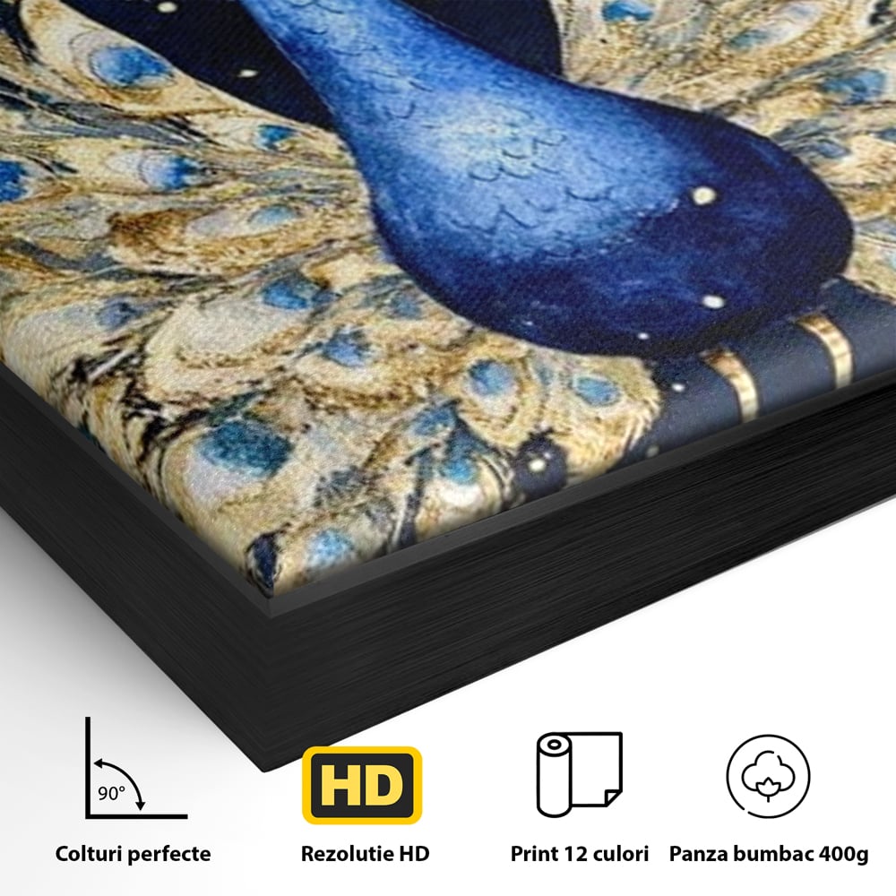 Tablou Canvas Premium, LuxCanva® M1403, Cantecul Noptii, Nocturn, Stele, Cosmic, Exotic, Splendoare, Frumusete, Pasare, Paun, Pene, Auriu, Birou, Living, Camera Copil