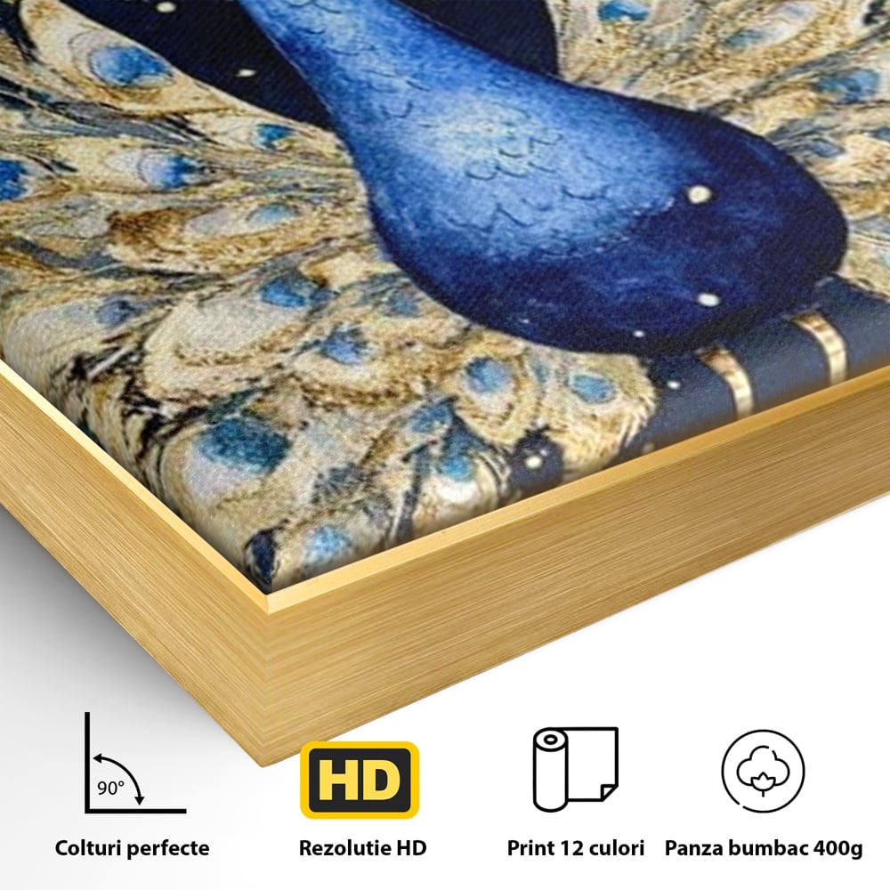 Tablou Canvas Premium, LuxCanva® M1403, Cantecul Noptii, Nocturn, Stele, Cosmic, Exotic, Splendoare, Frumusete, Pasare, Paun, Pene, Auriu, Birou, Living, Camera Copil