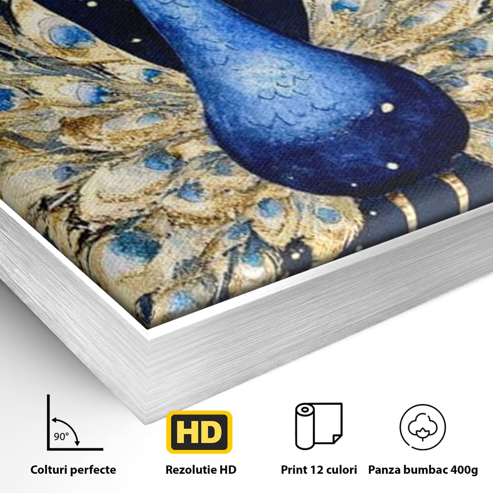 Tablou Canvas Premium, LuxCanva® M1403, Cantecul Noptii, Nocturn, Stele, Cosmic, Exotic, Splendoare, Frumusete, Pasare, Paun, Pene, Auriu, Birou, Living, Camera Copil