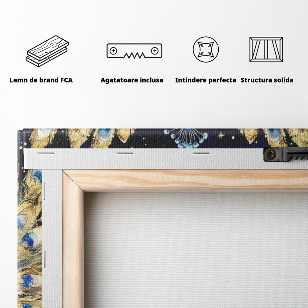 Tablou Canvas Premium, LuxCanva® M1403, Cantecul Noptii, Nocturn, Stele, Cosmic, Exotic, Splendoare, Frumusete, Pasare, Paun, Pene, Auriu, Birou, Living, Camera Copil