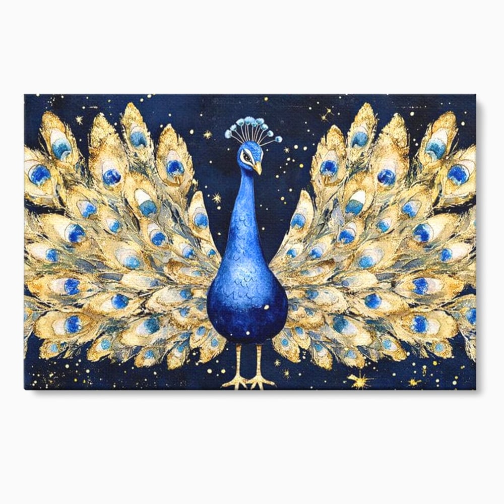 Tablou Canvas Premium, LuxCanva® M1403, Cantecul Noptii, Nocturn, Stele, Cosmic, Exotic, Splendoare, Frumusete, Pasare, Paun, Pene, Auriu, Birou, Living, Camera Copil