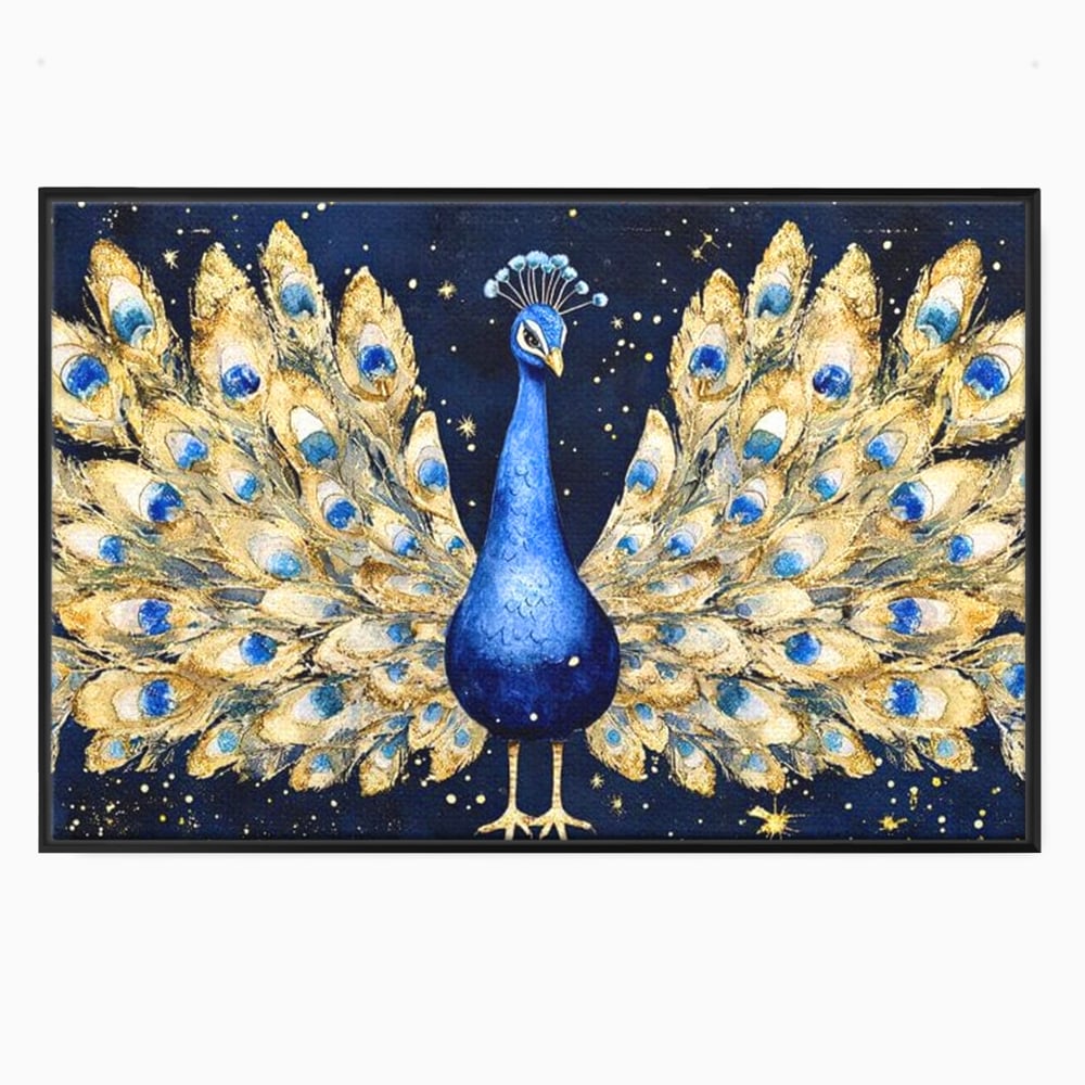 Tablou Canvas Premium, LuxCanva® M1403, Cantecul Noptii, Nocturn, Stele, Cosmic, Exotic, Splendoare, Frumusete, Pasare, Paun, Pene, Auriu, Birou, Living, Camera Copil