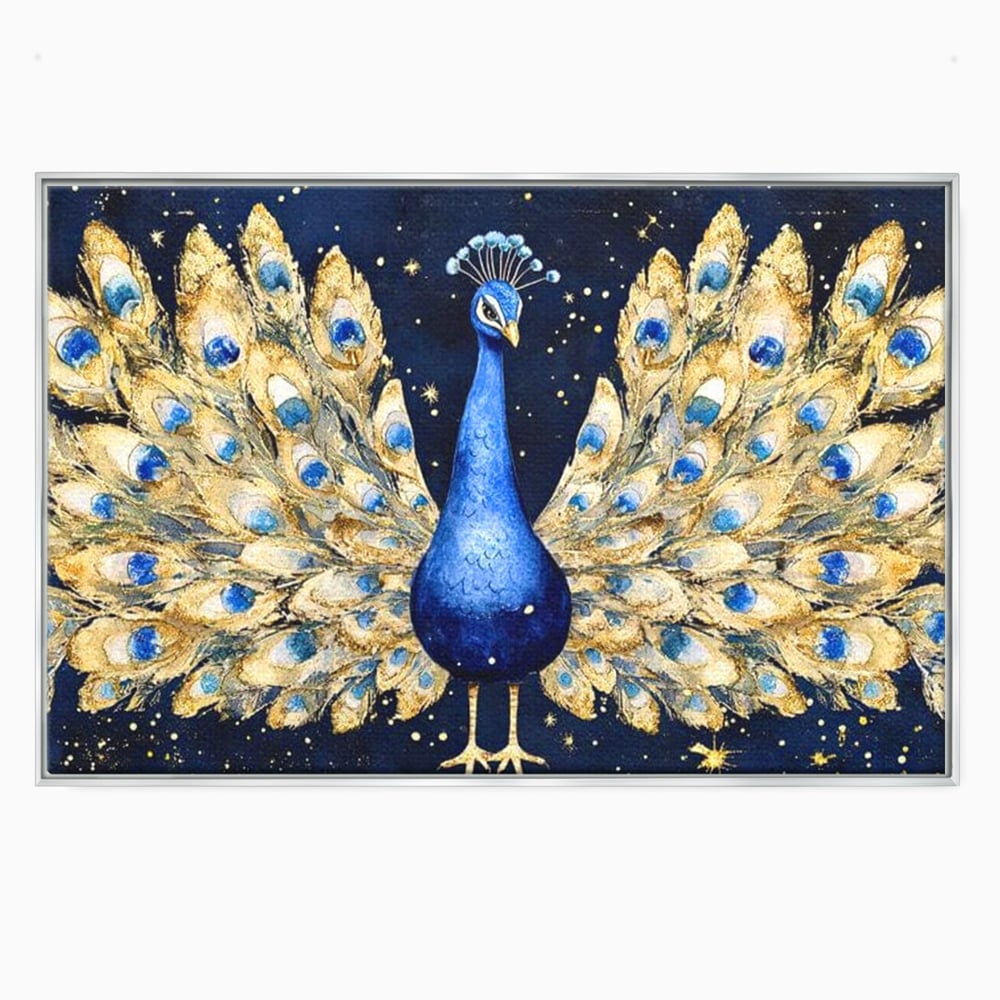 Tablou Canvas Premium, LuxCanva® M1403, Cantecul Noptii, Nocturn, Stele, Cosmic, Exotic, Splendoare, Frumusete, Pasare, Paun, Pene, Auriu, Birou, Living, Camera Copil