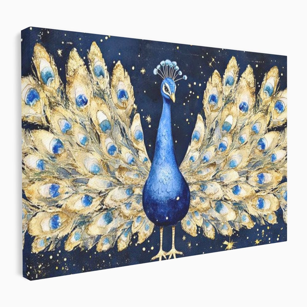 Tablou Canvas Premium, LuxCanva® M1403, Cantecul Noptii, Nocturn, Stele, Cosmic, Exotic, Splendoare, Frumusete, Pasare, Paun, Pene, Auriu, Birou, Living, Camera Copil