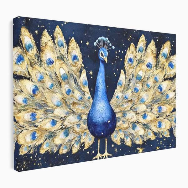 Tablou Canvas Premium, LuxCanva® M1403, Cantecul Noptii, Nocturn, Stele, Cosmic, Exotic, Splendoare, Frumusete, Pasare, Paun, Pene, Auriu, Birou, Living, Camera Copil