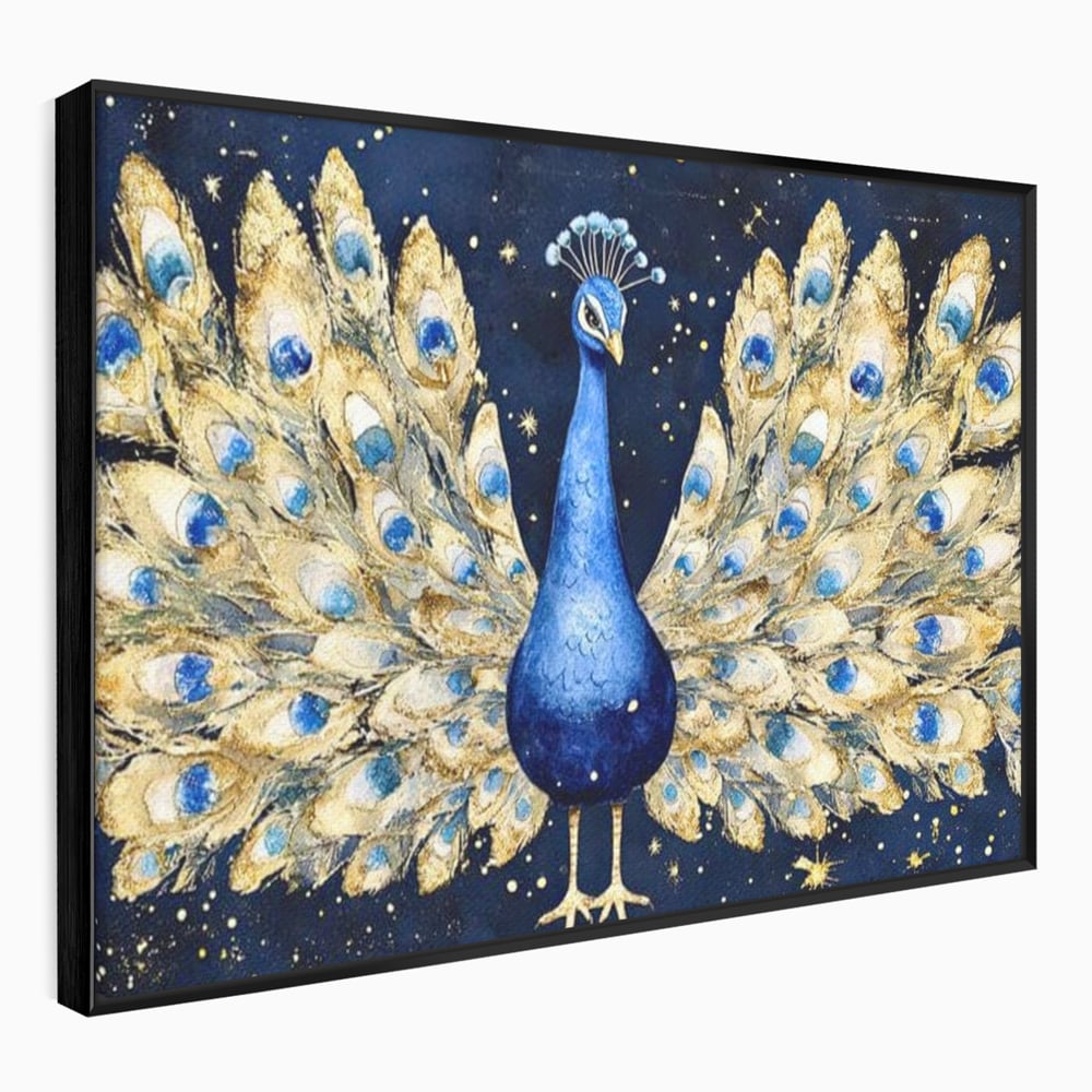 Tablou Canvas Premium, LuxCanva® M1403, Cantecul Noptii, Nocturn, Stele, Cosmic, Exotic, Splendoare, Frumusete, Pasare, Paun, Pene, Auriu, Birou, Living, Camera Copil