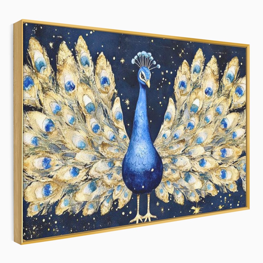 Tablou Canvas Premium, LuxCanva® M1403, Cantecul Noptii, Nocturn, Stele, Cosmic, Exotic, Splendoare, Frumusete, Pasare, Paun, Pene, Auriu, Birou, Living, Camera Copil