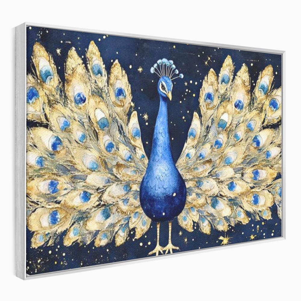 Tablou Canvas Premium, LuxCanva® M1403, Cantecul Noptii, Nocturn, Stele, Cosmic, Exotic, Splendoare, Frumusete, Pasare, Paun, Pene, Auriu, Birou, Living, Camera Copil