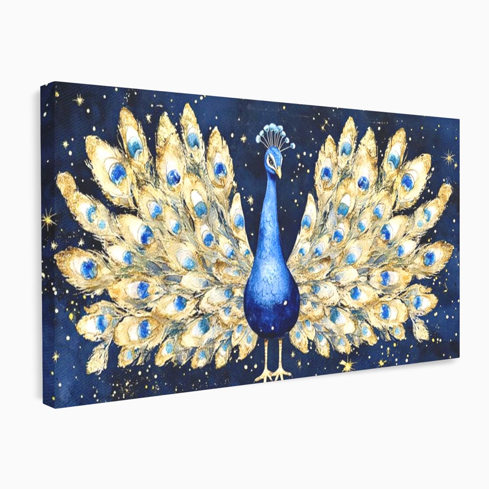 Tablou Canvas Premium, LuxCanva® M1403, Cantecul Noptii, Nocturn, Stele, Cosmic, Exotic, Splendoare, Frumusete, Pasare, Paun, Pene, Auriu, Birou, Living, Camera Copil