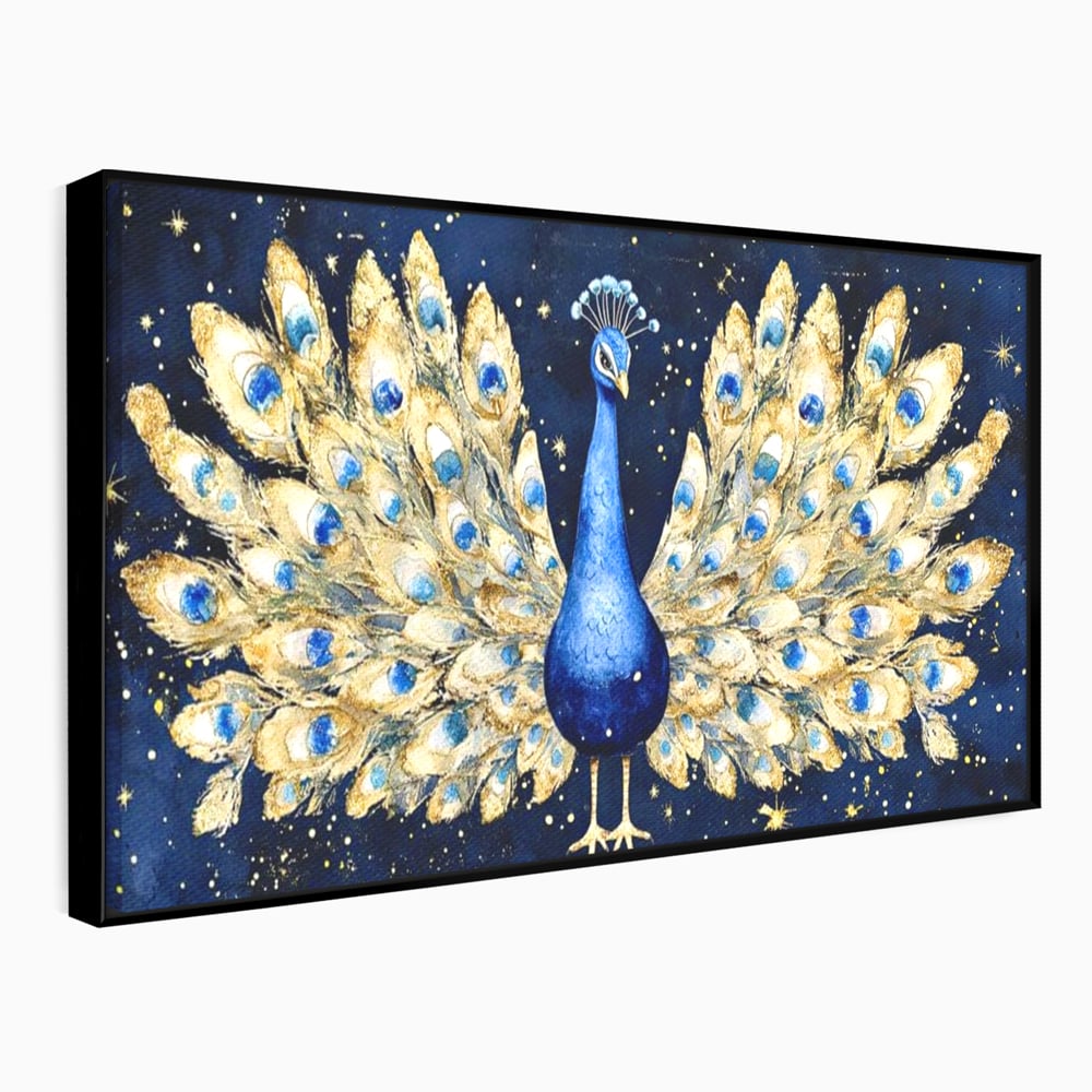 Tablou Canvas Premium, LuxCanva® M1403, Cantecul Noptii, Nocturn, Stele, Cosmic, Exotic, Splendoare, Frumusete, Pasare, Paun, Pene, Auriu, Birou, Living, Camera Copil