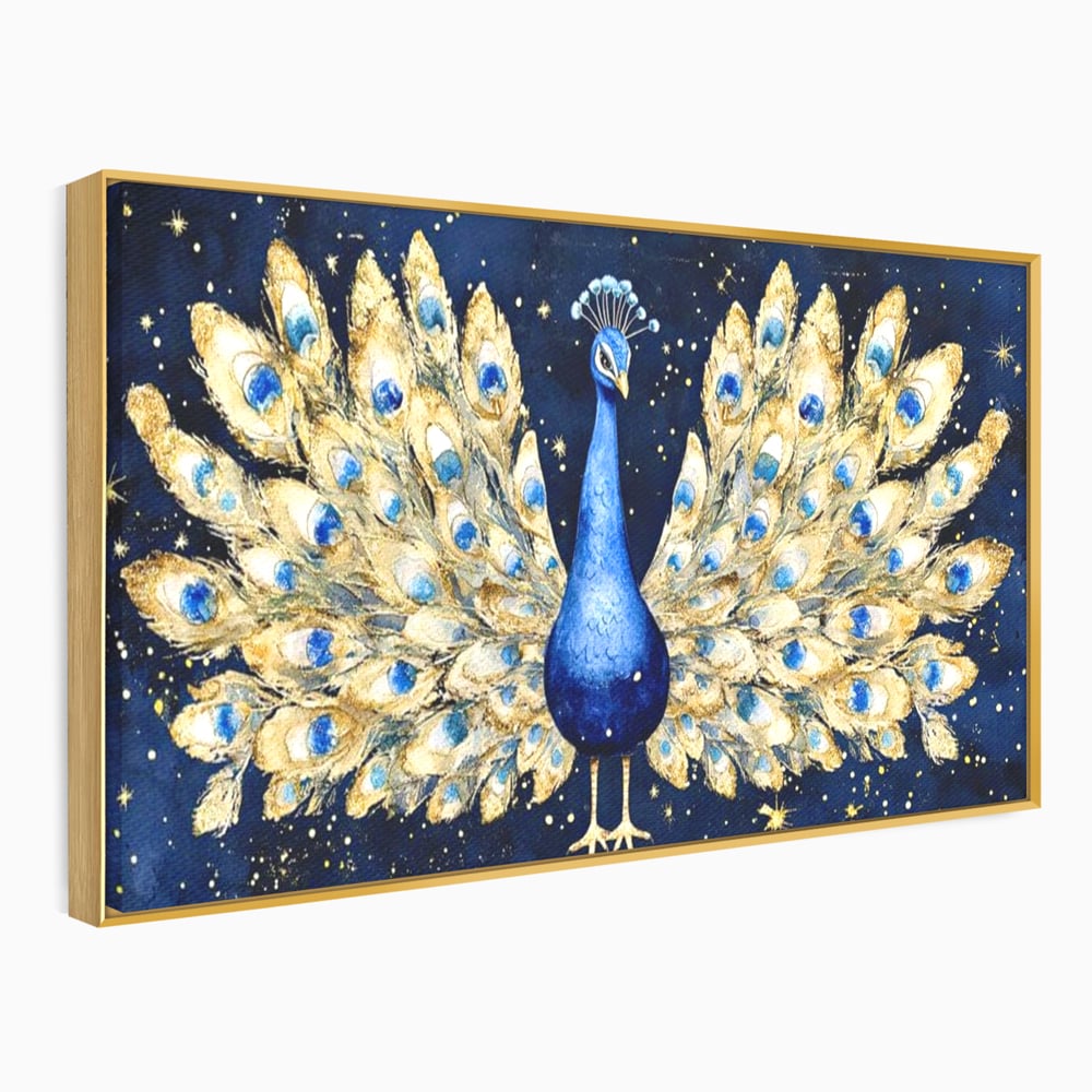 Tablou Canvas Premium, LuxCanva® M1403, Cantecul Noptii, Nocturn, Stele, Cosmic, Exotic, Splendoare, Frumusete, Pasare, Paun, Pene, Auriu, Birou, Living, Camera Copil
