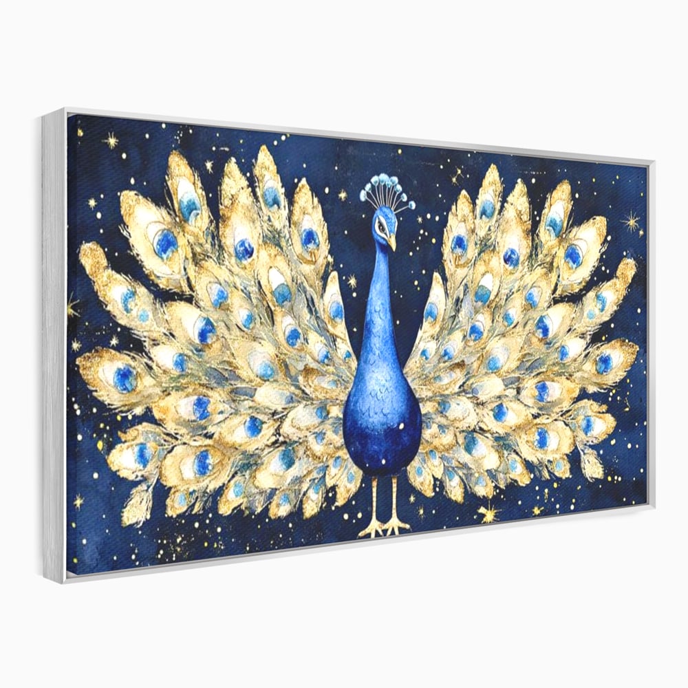 Tablou Canvas Premium, LuxCanva® M1403, Cantecul Noptii, Nocturn, Stele, Cosmic, Exotic, Splendoare, Frumusete, Pasare, Paun, Pene, Auriu, Birou, Living, Camera Copil