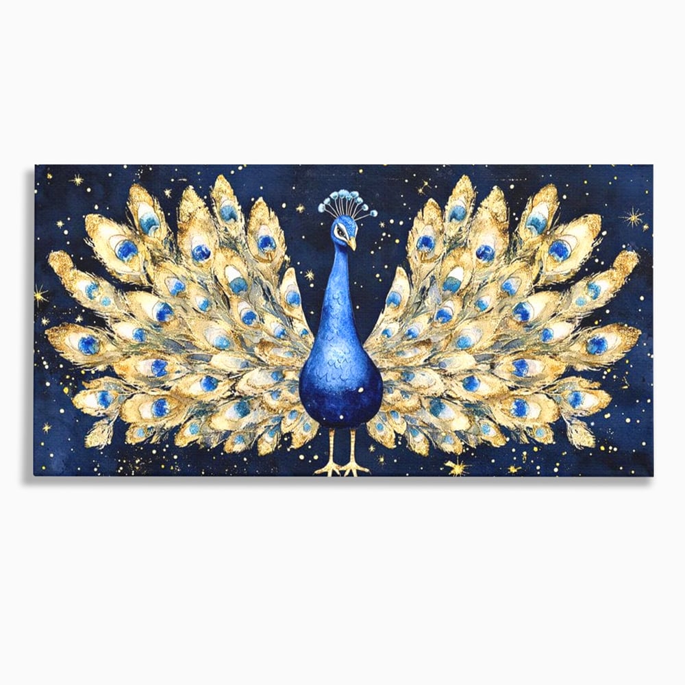 Tablou Canvas Premium, LuxCanva® M1403, Cantecul Noptii, Nocturn, Stele, Cosmic, Exotic, Splendoare, Frumusete, Pasare, Paun, Pene, Auriu, Birou, Living, Camera Copil