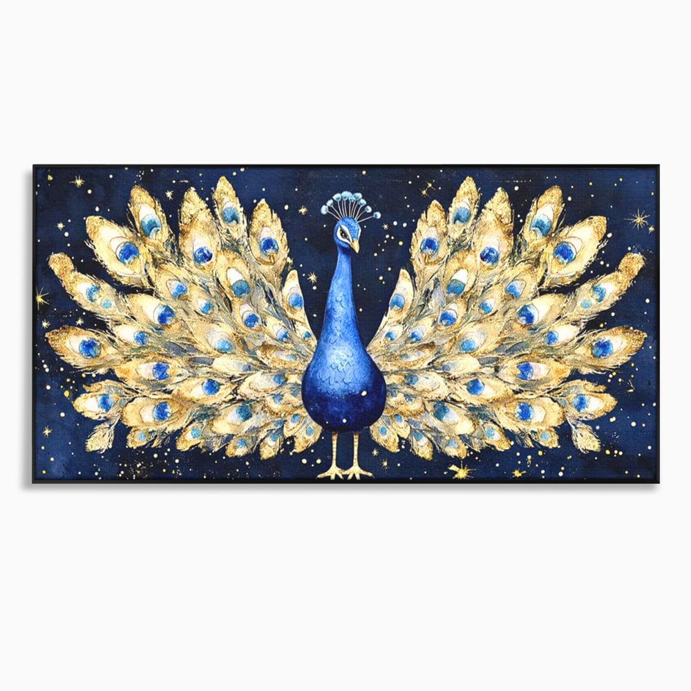 Tablou Canvas Premium, LuxCanva® M1403, Cantecul Noptii, Nocturn, Stele, Cosmic, Exotic, Splendoare, Frumusete, Pasare, Paun, Pene, Auriu, Birou, Living, Camera Copil
