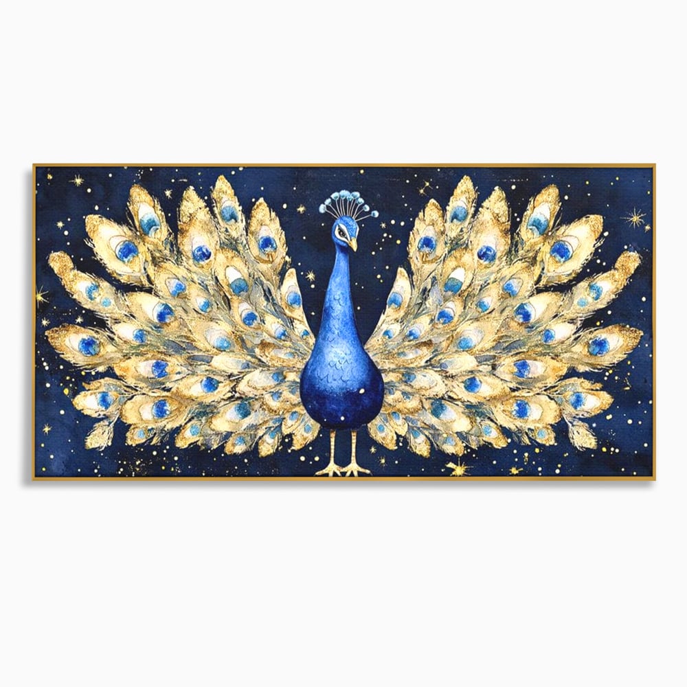 Tablou Canvas Premium, LuxCanva® M1403, Cantecul Noptii, Nocturn, Stele, Cosmic, Exotic, Splendoare, Frumusete, Pasare, Paun, Pene, Auriu, Birou, Living, Camera Copil