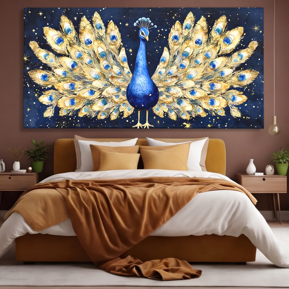 Tablou Canvas Premium, LuxCanva® M1403, Cantecul Noptii, Nocturn, Stele, Cosmic, Exotic, Splendoare, Frumusete, Pasare, Paun, Pene, Auriu, Birou, Living, Camera Copil