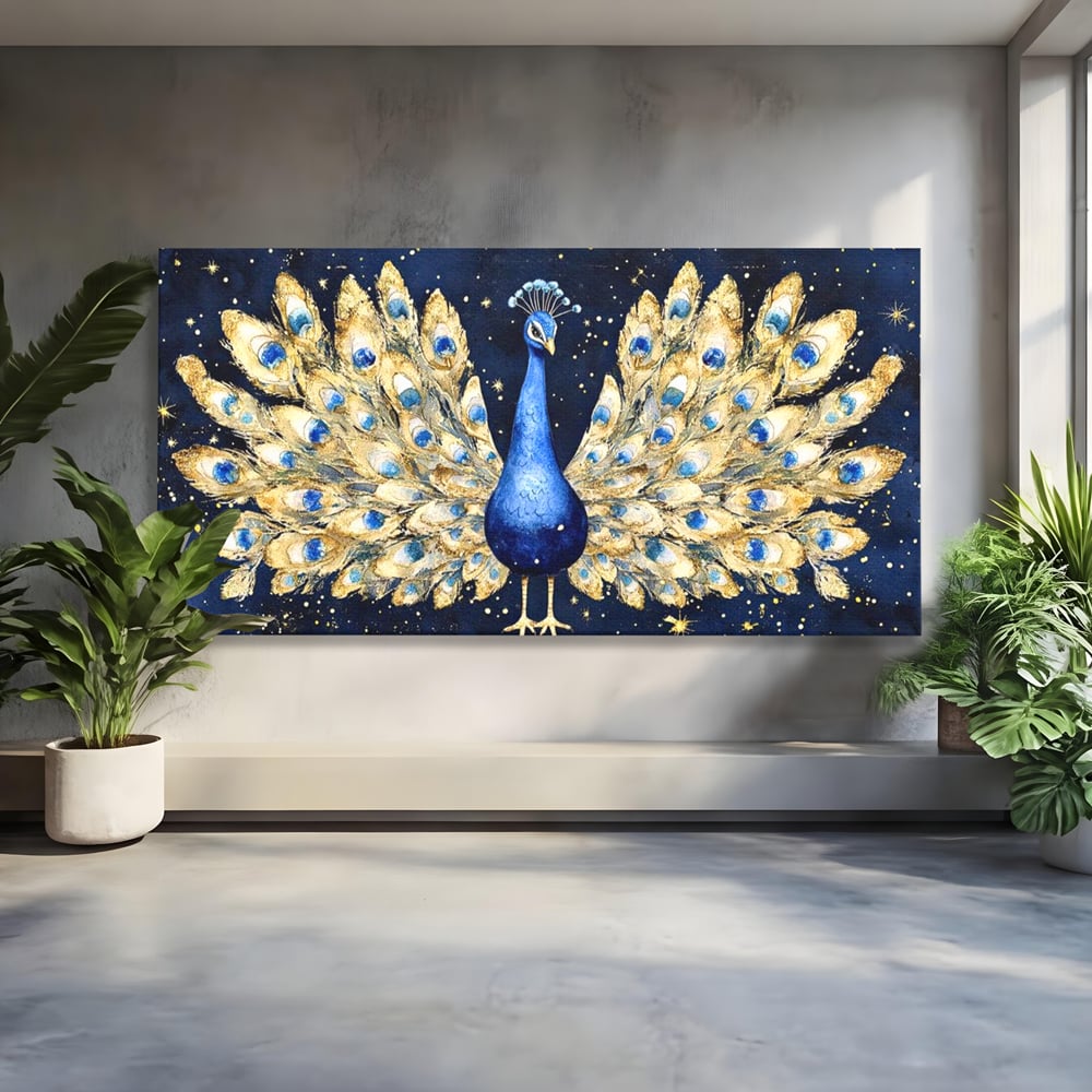 Tablou Canvas Premium, LuxCanva® M1403, Cantecul Noptii, Nocturn, Stele, Cosmic, Exotic, Splendoare, Frumusete, Pasare, Paun, Pene, Auriu, Birou, Living, Camera Copil