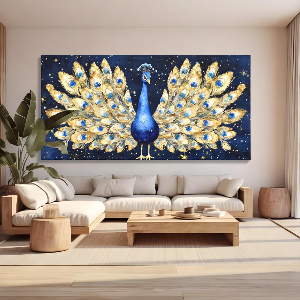 Tablou Canvas Premium, LuxCanva® M1403, Cantecul Noptii, Nocturn, Stele, Cosmic, Exotic, Splendoare, Frumusete, Pasare, Paun, Pene, Auriu, Birou, Living, Camera Copil