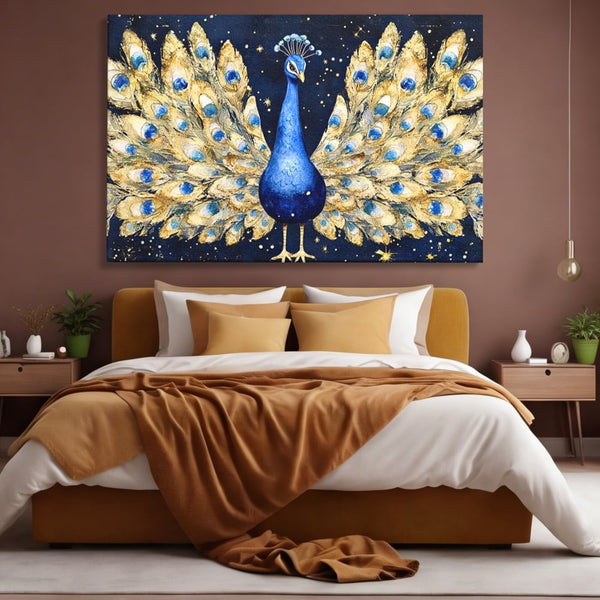 Tablou Canvas Premium, LuxCanva® M1403, Cantecul Noptii, Nocturn, Stele, Cosmic, Exotic, Splendoare, Frumusete, Pasare, Paun, Pene, Auriu, Birou, Living, Camera Copil