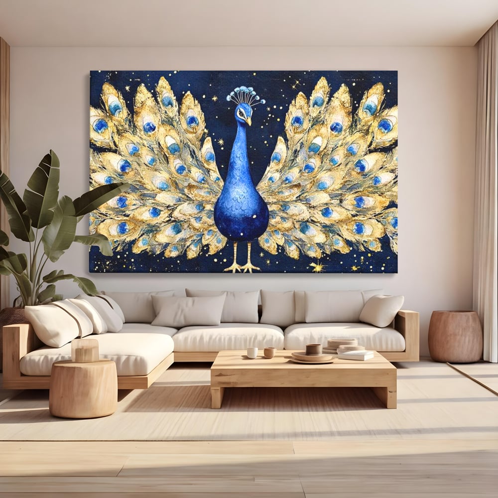 Tablou Canvas Premium, LuxCanva® M1403, Cantecul Noptii, Nocturn, Stele, Cosmic, Exotic, Splendoare, Frumusete, Pasare, Paun, Pene, Auriu, Birou, Living, Camera Copil