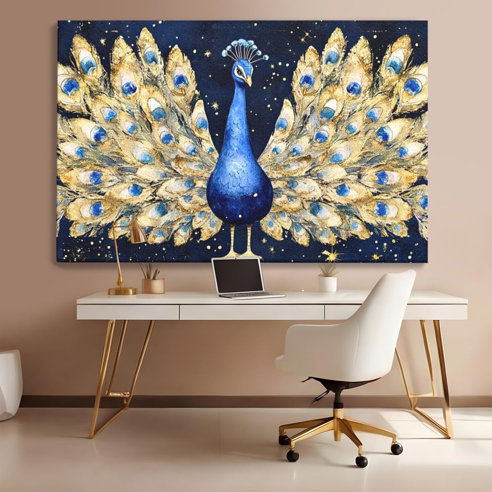 Tablou Canvas Premium, LuxCanva® M1403, Cantecul Noptii, Nocturn, Stele, Cosmic, Exotic, Splendoare, Frumusete, Pasare, Paun, Pene, Auriu, Birou, Living, Camera Copil