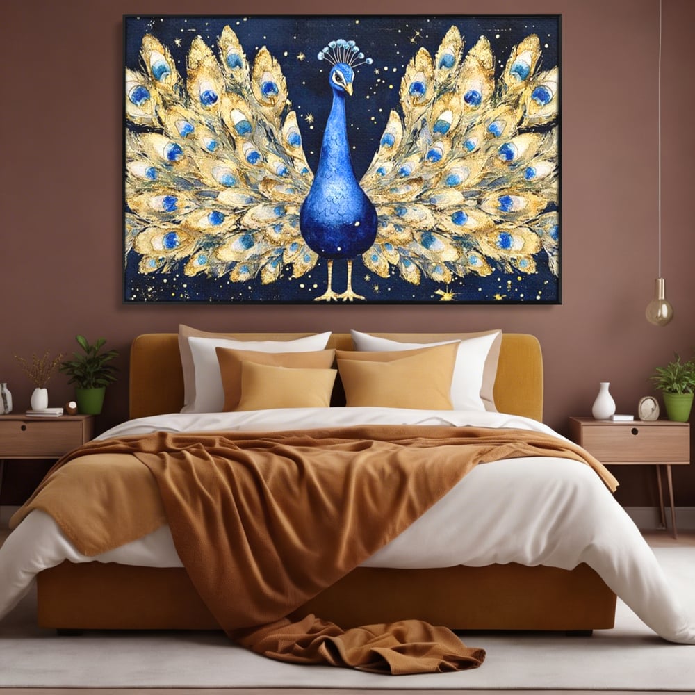 Tablou Canvas Premium, LuxCanva® M1403, Cantecul Noptii, Nocturn, Stele, Cosmic, Exotic, Splendoare, Frumusete, Pasare, Paun, Pene, Auriu, Birou, Living, Camera Copil