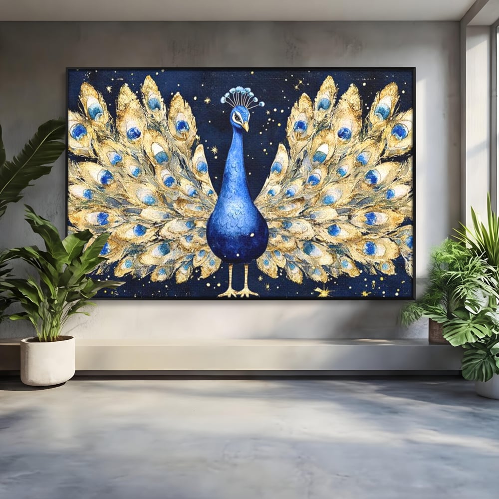 Tablou Canvas Premium, LuxCanva® M1403, Cantecul Noptii, Nocturn, Stele, Cosmic, Exotic, Splendoare, Frumusete, Pasare, Paun, Pene, Auriu, Birou, Living, Camera Copil